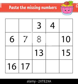 Fügen Sie die fehlenden Zahlen 1-20 ein. Spiel für Kinder. Handschriftenpraxis. Zahlen für Kinder lernen. Arbeitsblatt zur Entwicklung von Bildungsmaßnahmen. Aktivität". Vec Stock Vektor