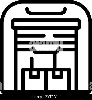 Minimalistische Vektorgrafik, die einen Lagerraum mit Boxen darstellt, der durch eine geschlossene Rollladentür gesichert ist und Sicherheit und Organisation auf einfache, aber wirkungsvolle Weise betont Stock Vektor