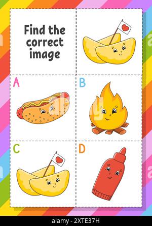 Suchen Sie den richtigen Schatten. Arbeitsblatt zur Entwicklung von Bildungsmaßnahmen für Kinder. Puzzlespiel. Aktivität". Zeichentrickfigur. Vektorabbildung. Stock Vektor