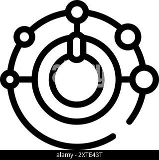 Schwarz-weißes Symbol, das ein globales Netzwerk darstellt, das Punkte mit Linien verbindet, die konzentrische Kreise bilden Stock Vektor