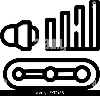 Line-Art-Symbol eines Förderbandes, das Audioinhalte mit einem wachsenden Balkendiagramm liefert, das die wachsende Popularität von Podcasts symbolisiert Stock Vektor