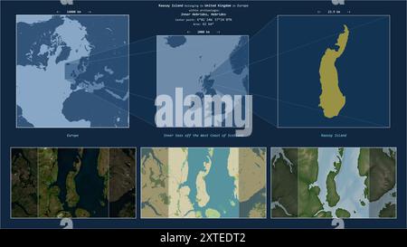 Raasay Island in the Inner Seas vor der Westküste Schottlands - gehört zum Vereinigten Königreich. Beschriebenes Lagediagramm mit gelber Form der isla Stockfoto