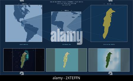 Isla de San Andres in der Karibik - gehört zu Kolumbien. Beschriebenes Lagediagramm mit gelber Form der Insel und Beispielkarten ihrer sur Stockfoto