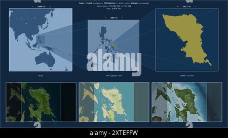 Samar Island in der Philippinischen See - gehört zu den Philippinen. Beschriebenes Lagediagramm mit gelber Form der Insel und Beispielkarten ihres Surro Stockfoto