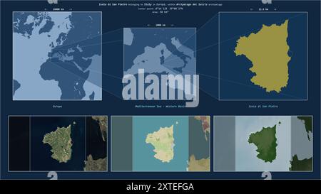 Isola di San Pietro im Mittelmeer - westliches Becken - gehört zu Italien. Beschriebenes Lagediagramm mit gelber Form der Insel und Probe Stockfoto