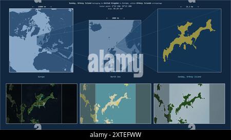 Sanday, Orkney Island in der Nordsee - gehört zum Vereinigten Königreich. Beschriebenes Lagediagramm mit gelber Form der Insel und Beispielkarten davon Stockfoto