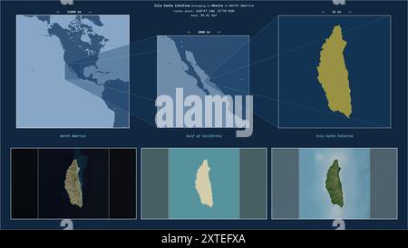 Isla Santa Catalina im Golf von Kalifornien - gehört zu Mexiko. Beschriebenes Lagediagramm mit gelber Form der Insel und Beispielkarten der Insel Stockfoto