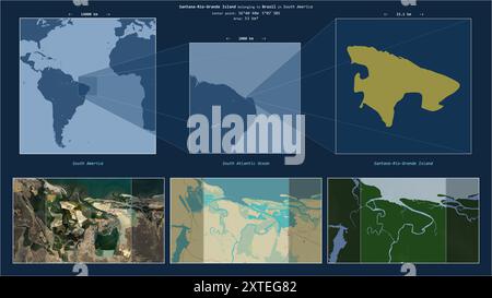 Die Insel Santana-Rio-Grande im Südatlantik gehört zu Brasilien. Beschriebenes Lagediagramm mit gelber Form der Insel und Beispielkarte Stockfoto