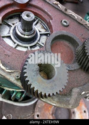 Verschiedene Zahnräder befinden sich auf dem Gehäuse, während ein Techniker Reparaturen an mechanischen Geräten durchführt. Stockfoto