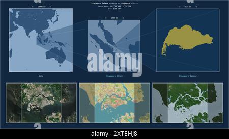 Singapur Island in der Singapur-Straße - gehört zu Singapur. Beschriebenes Lagediagramm mit gelber Form der Insel und Beispielkarten ihrer en Stockfoto