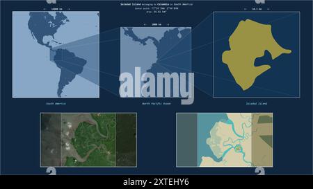 Soledad Island im Nordpazifik - gehört zu Kolumbien. Beschriebenes Lagediagramm mit gelber Form der Insel und Beispielkarten ihrer en Stockfoto