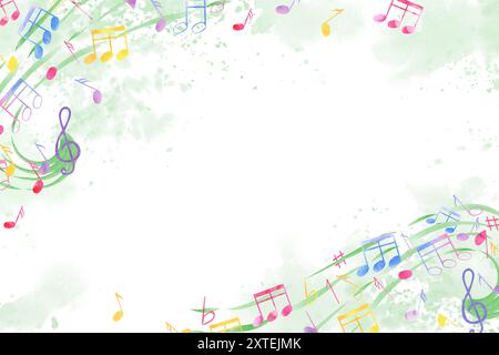 Musikalische mehrfarbige Noten auf Farbspritzern. Fliegende Musikmitarbeiter. Horizontaler Rahmen in grünen Farben. Internationaler Musiktag. Kopierbereich für Text. Stockfoto