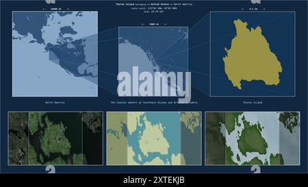 Thorne Island in den Küstengewässern von Südost-Alaska und British Columbia - gehört zu den Vereinigten Staaten. Beschriebenes Lagediagramm mit Gelb Stockfoto