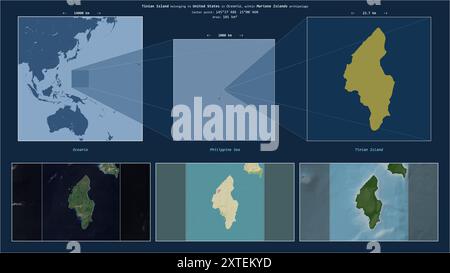 Tinian Island in der Philippinischen See - gehört zu den Vereinigten Staaten. Beschriebenes Lagediagramm mit gelber Form der Insel und Beispielkarten ihrer su Stockfoto