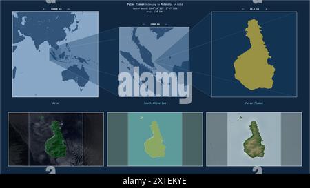 Pulau Tioman im Südchinesischen Meer - gehört zu Malaysia. Beschriebenes Lagediagramm mit gelber Form der Insel und Beispielkarten ihrer Umgebung Stockfoto