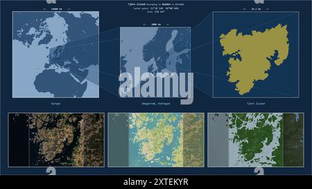 Tjorn Island im Kattegat - gehört zu Schweden. Beschriebenes Lagediagramm mit gelber Form der Insel und Beispielkarten der Umgebung Stockfoto