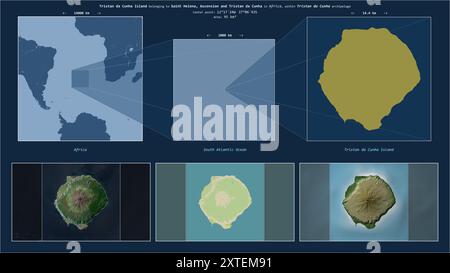 Die Insel Tristan da Cunha im Südatlantik gehört zu St. Helena, Ascension und Tristan da Cunha. Beschriebenes Lagediagramm mit Yello Stockfoto