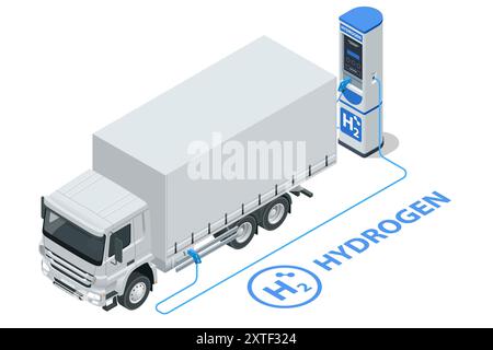 Isometrisches Wasserstoff-Energie-Auto. Alternative Energie und emissionsfrei. Wasserstoffbetriebener Transport. Grüne Energie Stock Vektor