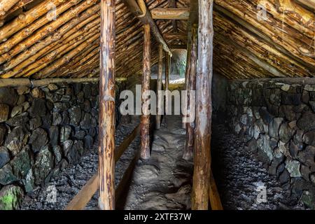 Rutshellir-Höhle (Höhle von Rutur), Innenansicht des Steins, historisches Rasenhaus im isländischen Stil mit geschnitztem Tunnel, Kammern und Holzstützen. Stockfoto