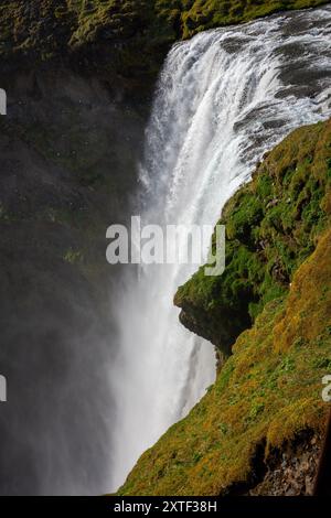 Blick auf den Skogafoss-Wasserfall von der Aussichtsplattform mit Wasserspray und Felsen, die mit grünem Moos bedeckt sind. Stockfoto