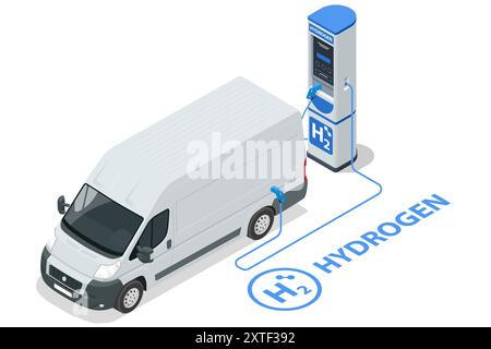 Isometrisches Wasserstoff-Energie-Auto. Alternative Energie und emissionsfrei. Wasserstoffbetriebener Transport. Grüne Energie Stock Vektor