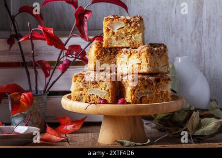 Scheiben von holländischem Apfelkuchen mit Streuseln auf einem Holztablett, Äpfel und Apfelzweige auf hölzernem Hintergrund. Stockfoto