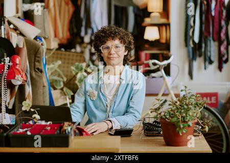 Porträt einer Frau, die im Cozy Clothing Shop arbeitet Stockfoto