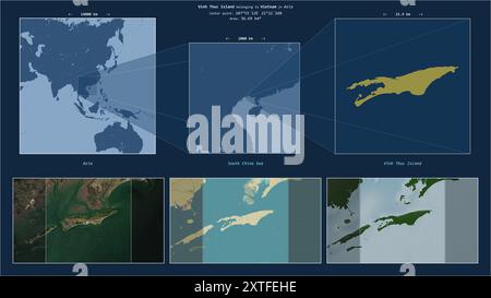 Vinh Thuc Insel im Südchinesischen Meer - gehört zu Vietnam. Beschriebenes Lagediagramm mit gelber Form der Insel und Beispielkarten ihrer surr Stockfoto