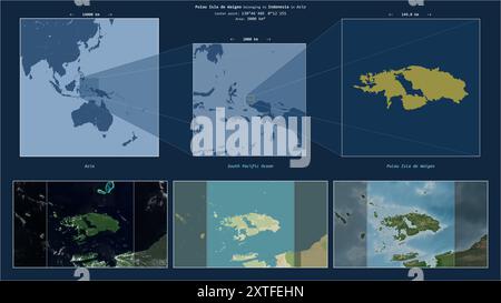 Pulau Isla de Waigeo im Südpazifik - gehört zu Indonesien. Beschriebenes Lagediagramm mit gelber Form der Insel und Beispielkarten o Stockfoto
