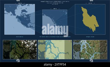 Wrangell Island in den Küstengewässern von Südost-Alaska und British Columbia - gehört zu den Vereinigten Staaten. Beschriebenes Lagediagramm mit Yello Stockfoto