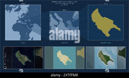 Die Insel Zakynthos im Ionischen Meer gehört zu Griechenland. Beschriebenes Lagediagramm mit gelber Form der Insel und Beispielkarten ihrer Umgebung Stockfoto