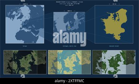 Die Insel Neuseeland im Kattegat - gehört zu Dänemark. Beschriebenes Lagediagramm mit gelber Form der Insel und Beispielkarten der Umgebung Stockfoto
