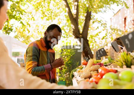 Fröhlicher afroamerikanischer Kerl, der Apfel probiert, bevor er beim Einkaufen natürlicher Bio-Produkte auf dem Farmers Market kauft. Schwarze männliche Person genießt die Verkostung und den Kauf frischer lokaler Produkte. Stockfoto