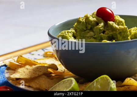 Brasilianische Version von Guacamole in einer blauen Schüssel mit einer Kirschtomate darauf umgeben von Nachos. Stockfoto