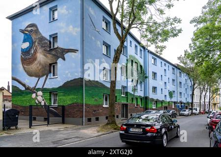 Wohnhäuser an der Feldsieper Straße in Bochum, nach einer energetischen Sanierung, mit Fassadendämmung, hat die Bochumer Wohnstätten Wohnungsgenossenschaft, die Gebäude mit einem großen Wandbild bemalen lassen, vom Dortmunder Graffiti Künstler Denis Klatt, es zeigt auf der gesamten Fassade ein Blaukehlchen und eine Landschaft mit Bäumen, Leben unter der Erde und viel Himmel, Bochum-Hamme, NRW, Deutschland, Wandbild *** Wohnhäuser an der Feldsieper Straße in Bochum, nach einer energetischen Sanierung, mit Fassadendämmung, hat die Bochumer Wohnstätten Wohnungsgenossenschaft den Bau veranlasst Stockfoto