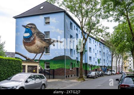 Wohnhäuser an der Feldsieper Straße in Bochum, nach einer energetischen Sanierung, mit Fassadendämmung, hat die Bochumer Wohnstätten Wohnungsgenossenschaft, die Gebäude mit einem großen Wandbild bemalen lassen, vom Dortmunder Graffiti Künstler Denis Klatt, es zeigt auf der gesamten Fassade ein Blaukehlchen und eine Landschaft mit Bäumen, Leben unter der Erde und viel Himmel, Bochum-Hamme, NRW, Deutschland, Wandbild *** Wohnhäuser an der Feldsieper Straße in Bochum, nach einer energetischen Sanierung, mit Fassadendämmung, hat die Bochumer Wohnstätten Wohnungsgenossenschaft den Bau veranlasst Stockfoto