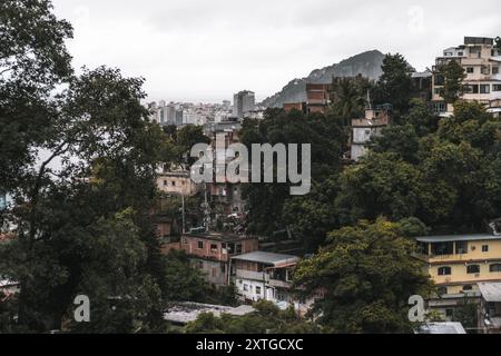 Dicht bewaldete Hügel umgeben Favela-Wohnungen in Rio de Janeiro mit Blick auf die Stadt mit Hochhäusern in der Ferne. Eine Mischung aus Urban Stockfoto