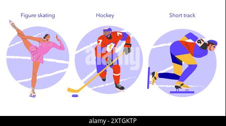 Wintersport-Set. Athleten im Eiskunstlauf, Hockey und Short Track Speed Skating. Dynamische Posen und sportliche Kleidung. Vektorabbildung. Stock Vektor