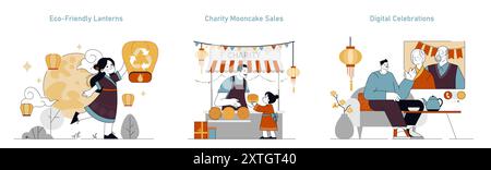 Mitte Herbst Festival Set. Traditionelle und moderne Feierlichkeiten mit umweltfreundlichen Laternen, Mooncake-Verkauf für wohltätige Zwecke und digitalen Grüßen. Vektorabbildung. Stock Vektor