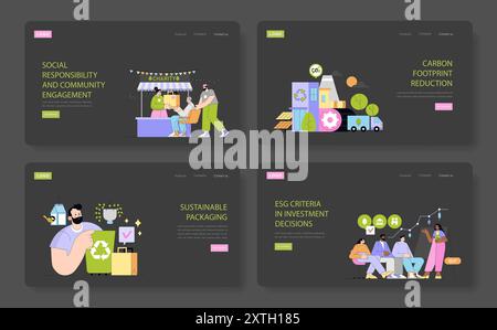 Nachhaltigkeit festgelegt. Soziale Verantwortung der Unternehmen, CO2-Reduktion, umweltfreundliche Verpackungen, ESG-Investitionen. Vektorabbildung. Stock Vektor
