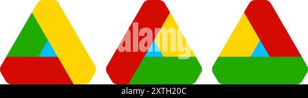 Abstrakte Dreiecksymbole. Mehrfarbige geometrische Formen. Rote, gelbe, grüne Elemente. Drei Varianten. Stock Vektor