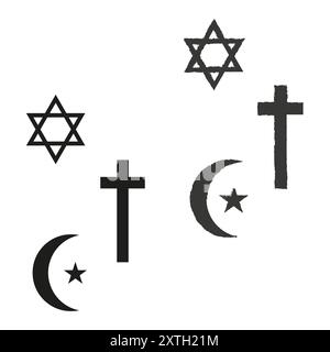 Satz religiöser Symbole. Stern Davids, Kreuz, Halbmond mit Stern. Vektorabbildung. Stock Vektor