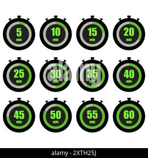 Stoppuhr-Countdown-Symbole. Grüne Minutenanzeigen. Zeitmanagementsymbole. Vektorsatz. Stock Vektor