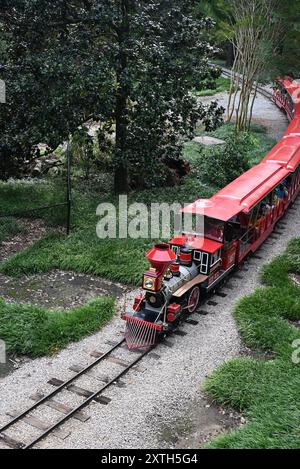 Der Zug bietet Fahrten rund um den Pullen Park in Raleigh, NC. Pullen ist der fünftälteste Vergnügungspark in den USA und der 16. Platz der Welt. Stockfoto