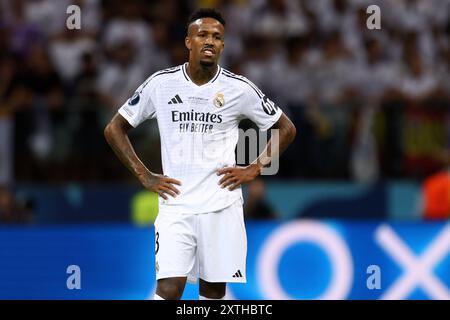 Warschau, Pologne. August 2024. Eder Militao von Real Madrid während des UEFA Super Cup 2024 Fußballspiels zwischen Real Madrid CF und Atalanta BC am 14. August 2024 im PGE Narodowy in Warschau, Polen - Foto Piotr Matusewicz/DPPI Credit: DPPI Media/Alamy Live News Stockfoto