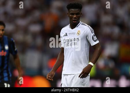 Warschau, Pologne. August 2024. Aurelien Tchouameni von Real Madrid während des Fußballspiels des UEFA Super Cup 2024 zwischen Real Madrid CF und Atalanta BC am 14. August 2024 bei PGE Narodowy in Warschau, Polen - Foto Piotr Matusewicz/DPPI Credit: DPPI Media/Alamy Live News Stockfoto
