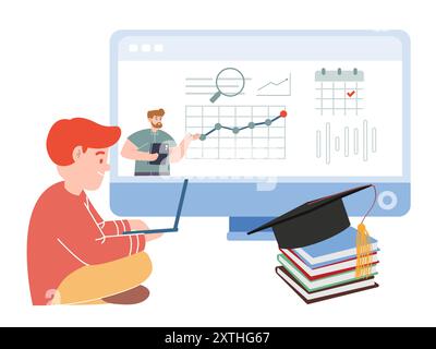 Online-Kurs Schullehrer Online-Webinar e-Leaning Distanz Studium Digital Mentoring Technologie Design Icon Illustration Stock Vektor