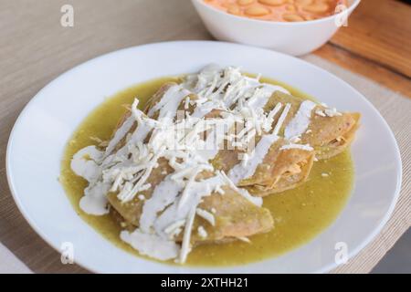 Typische grüne Enchiladas mit Huhn, Sahne und Käse Stockfoto