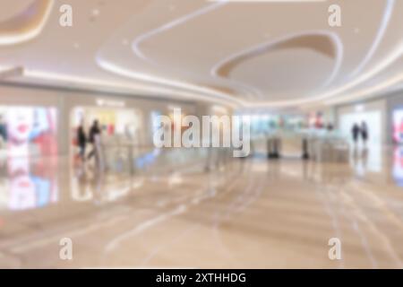 Verschwommener Blick auf ein Einkaufszentrum in Shenzhen, China. Das Bild zeigt Bokeh-Lichter und einen glänzenden Boden. Stockfoto