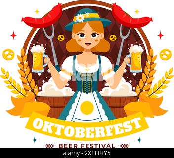 Glückliches Oktoberfest Party Festival Vektor Illustration mit Bier, Wurst, Lebkuchen, Fässern, Deutsche Flagge, und Weizen im flachen Hintergrund Stock Vektor